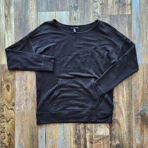 EILEEN FISHER Fleece Lined Crew Sweatshirt Kangaroo Pocket Black Tencel